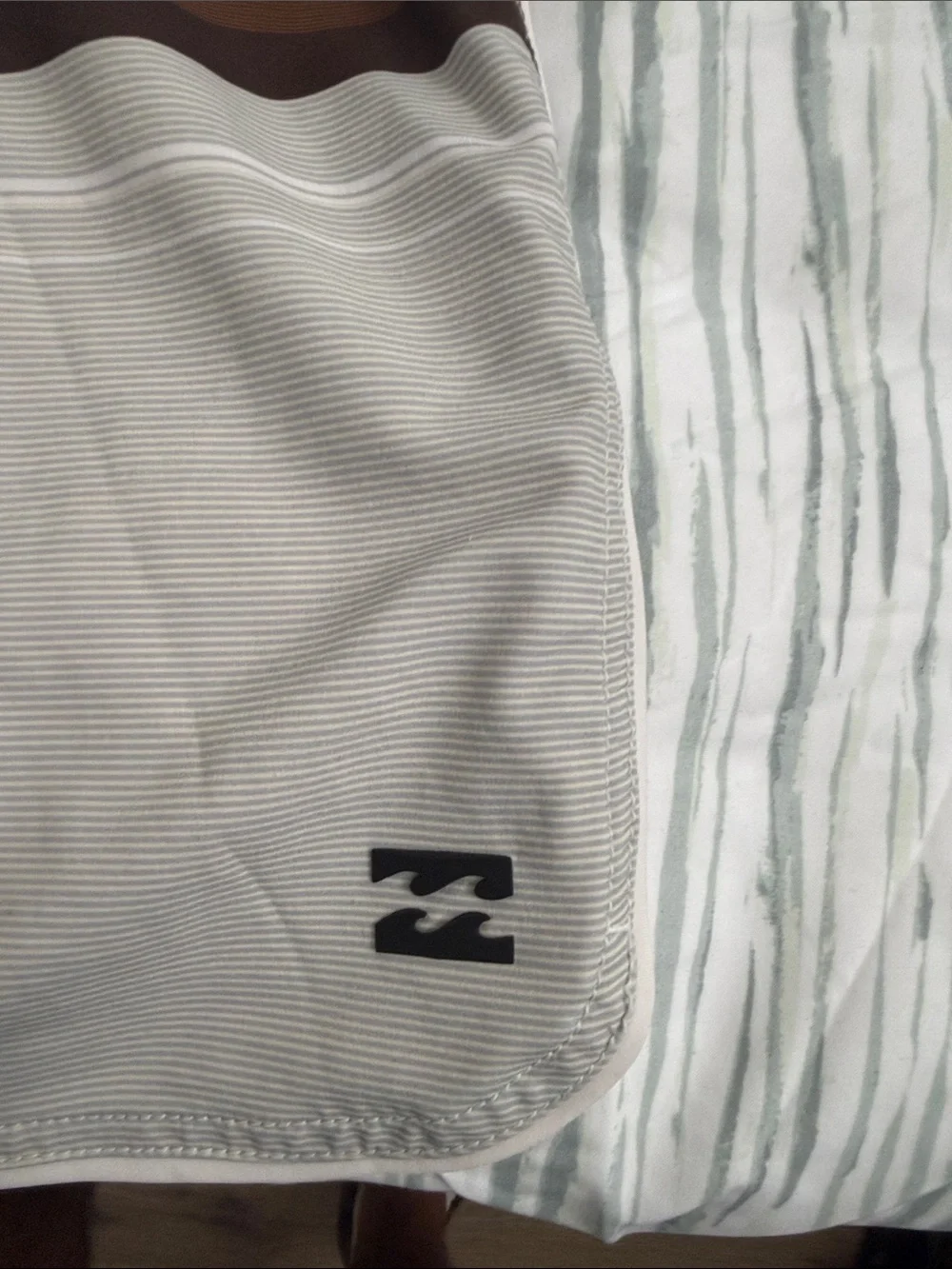 Billabong Men's Light Gray Board Shorts with Teal & Brown Stripes
